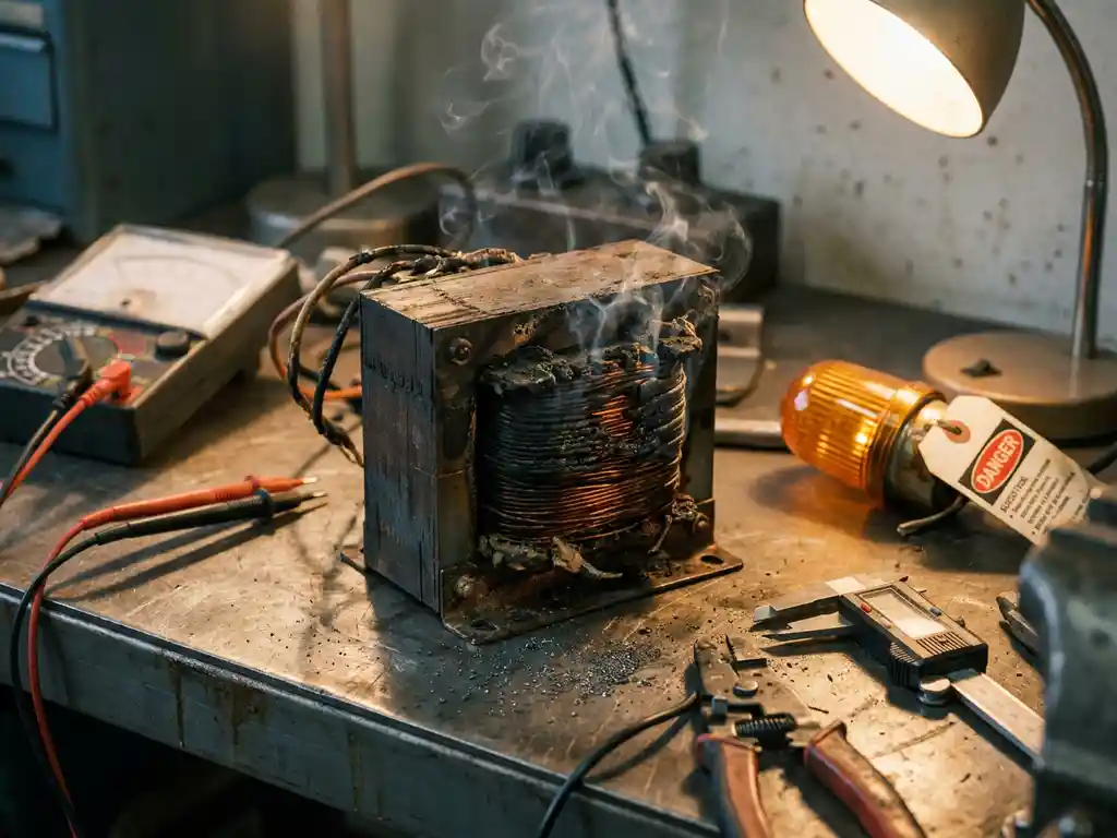 Beschadigde transformator met verbrande koperen wikkelingen en verschroeide isolatie op een stalen werkbank, rookpluimen stijgen op.