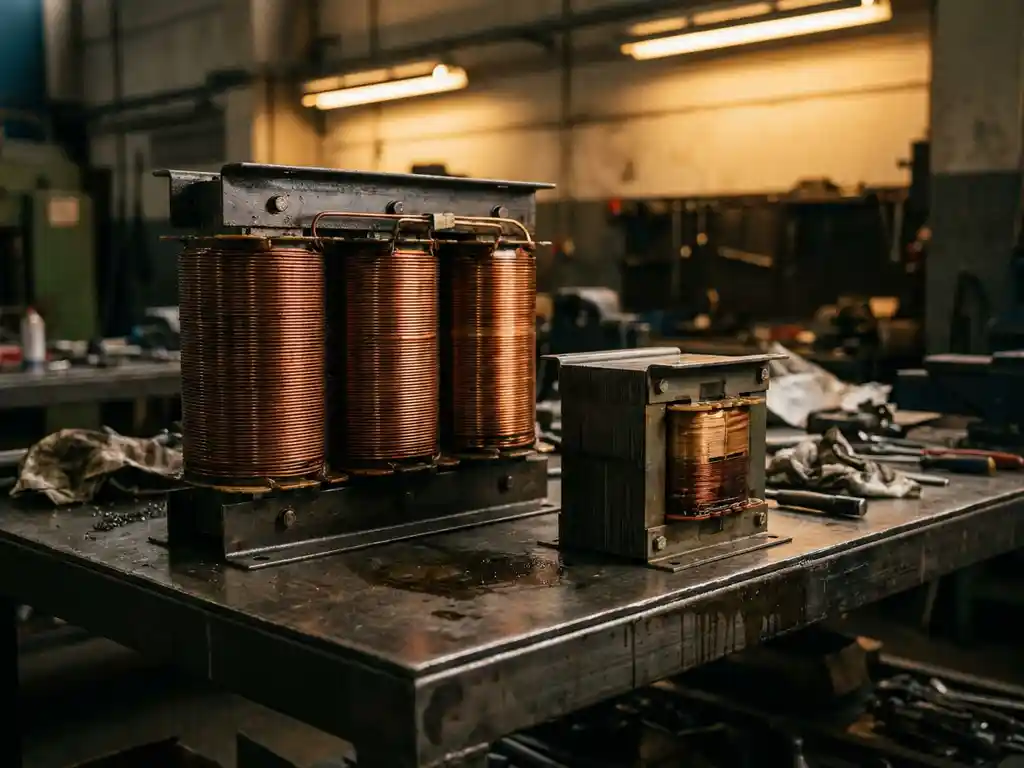 Grote driefasige industriële transformator met drie koperen wikkelkolommen naast een compacte eenfasige transformator op een stalen werkbank.