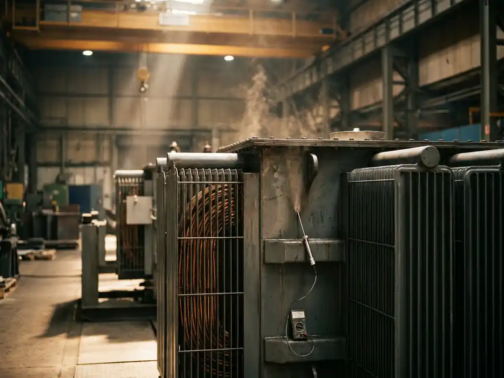 Industriële transformator met koperen wikkelingen en koelribben, thermische sonde tegen behuizing, warmtedamp zichtbaar in fabrieksomgeving.
