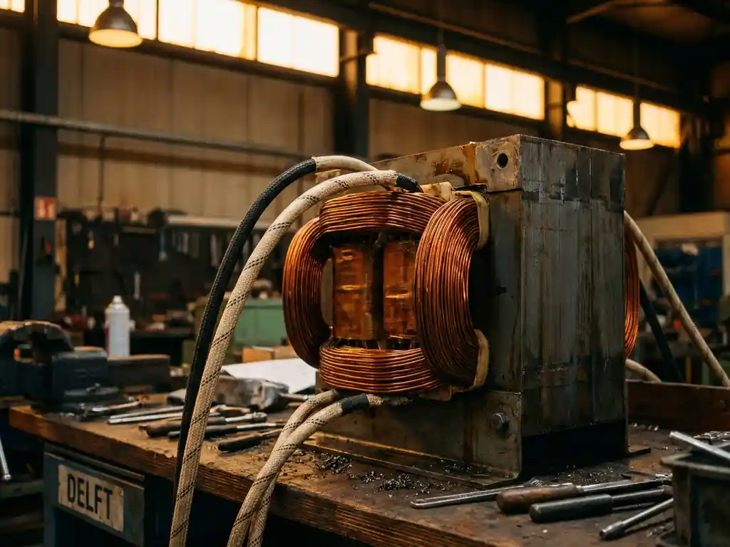 Industriële transformator met dikke koperen wikkelingen en zware kabels op een werkbank in een Nederlandse productiefaciliteit.