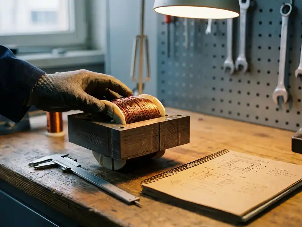 Koperdraad nauwkeurig gewikkeld om een gelamineerde ijzeren transformatorkern, met een schuifmaat en technisch notitieboek op een werkbank.