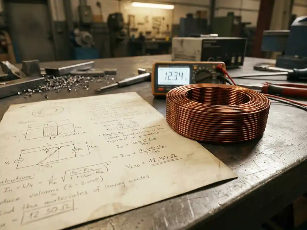 Precisieopgewikkelde koperen spoel naast een technisch berekeningsblad, met een digitale multimeter die afwijkt van handgeschreven theoretische waarden.
