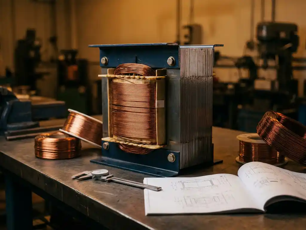 Industriële transformator op werkbank omringd door koperen wikkelspoel, schuifmaat en technische specificatiebladen in een professionele werkplaats.