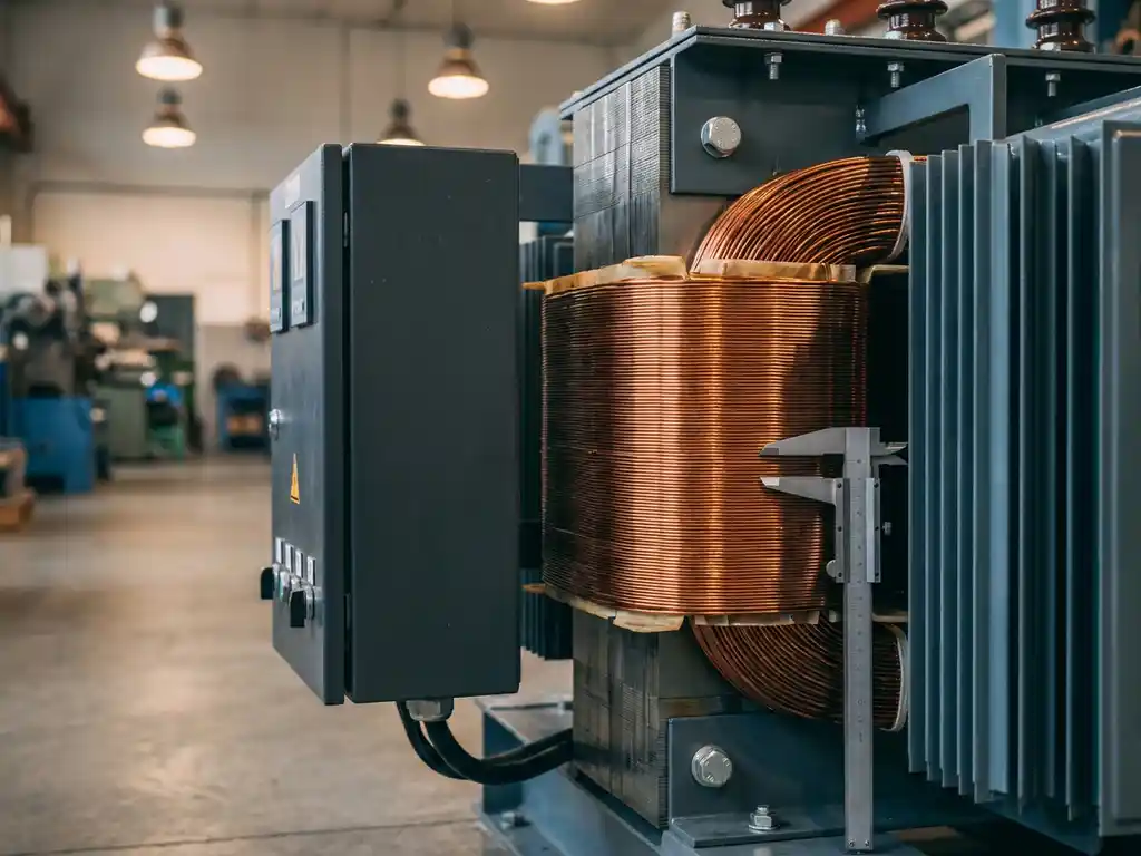 Op maat gewikkelde transformator met koperen wikkelingen en gelamineerde stalen kern, naast industrieel machinepaneel, schuifmaat tegen behuizing.