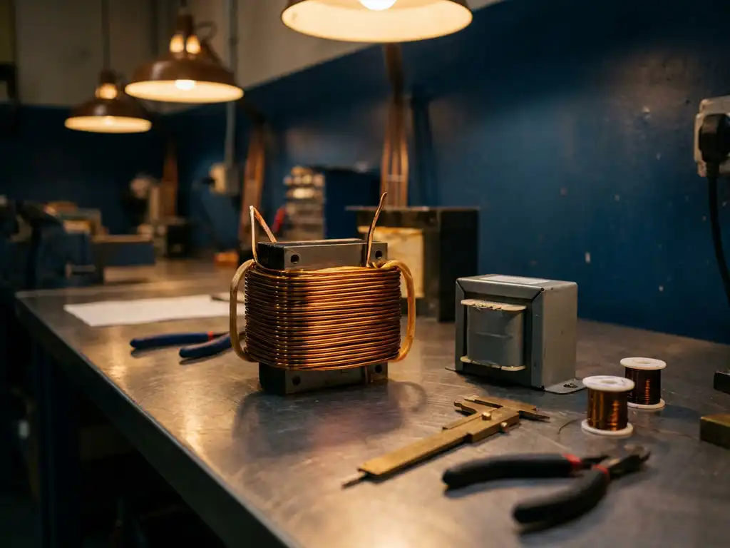 Op maat gewikkelde koperen transformatorspoel naast een standaard transformator op een stalen werkbank, met precisiewerktuigen en schuifmaten.