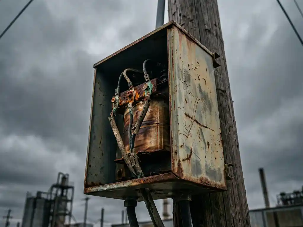 Verouderde industriële transformator op een nutsmast met gecorrodeerde aansluitingen en versleten isolatie tegen een bewolkte lucht.
