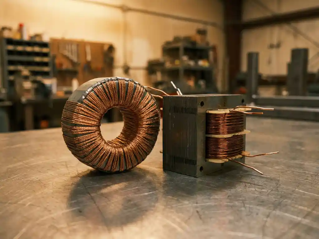 Ringkern- en EI-kerntransformator naast elkaar op stalen werkbank, koperen wikkelingen zichtbaar in warm amberkleurig werklicht.