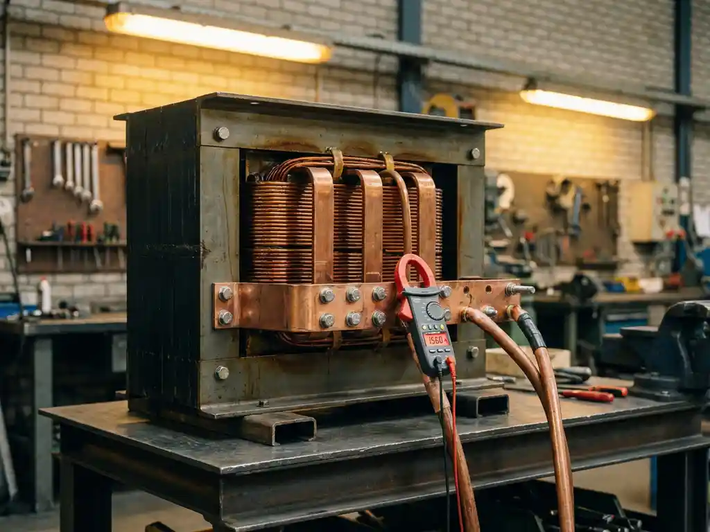 Industriële transformator met dikke koperen wikkelingen en klemtang op uitvoerkabel in Nederlandse productiefaciliteit.