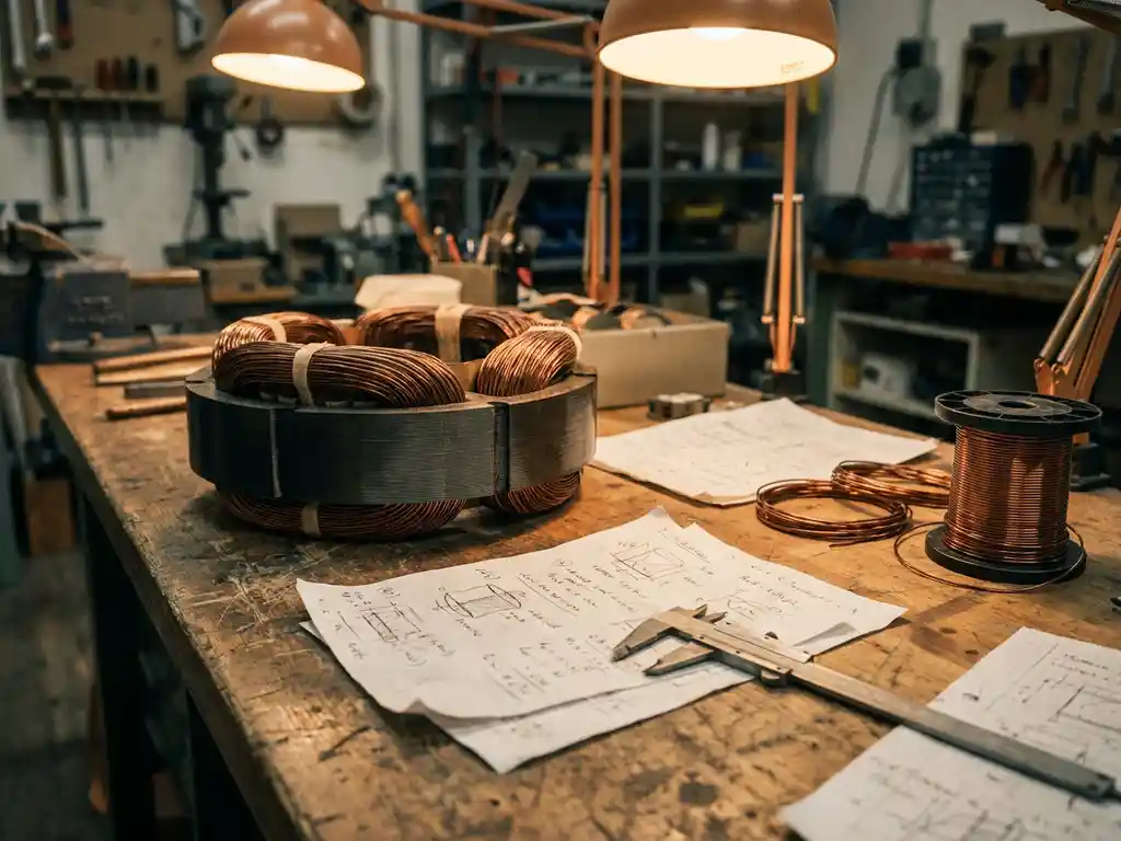 Toroïdale transformator op een versleten werkbank, omringd door handgeschreven berekeningen, schuifmaat en koperen wikkeldraa­d in warm amberkleurig licht.