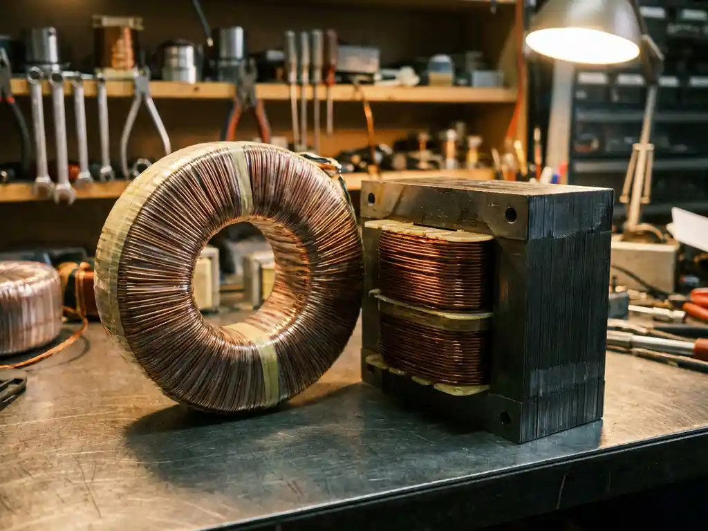 Toroïdale transformator naast een E-I-kern transformator op stalen werkbank, met zichtbare koperen wikkelingen en gelamineerde staalkernen.