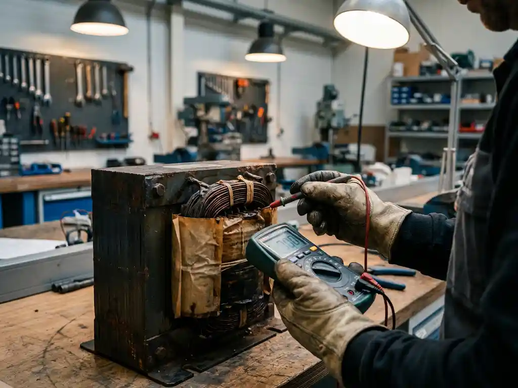 Technicus meet spanning op verweerde industriële transformator met digitale multimeter, koperen wikkelingen zichtbaar op werkbank.