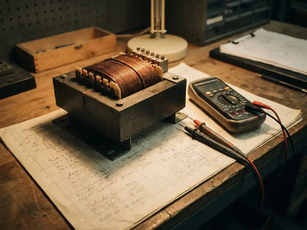 Koperwikkeling transformatorkern op technische werkblad met handgeschreven berekeningen, digitale multimeter met probes op aansluitingen.