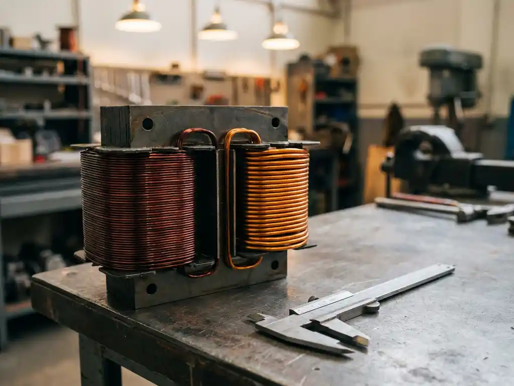 Koperwikkeling transformatorkern op stalen werkbank met twee spoelen en precisie schuifmaat, zachte industriële belichting.