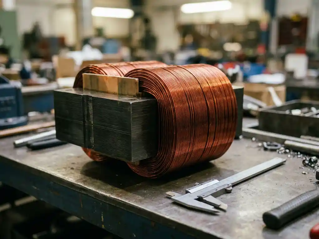 Koperen transformatorkern met strak gewikkelde spoelen op gelamineerde ijzerkern, naast een precisiekaliber op een stalen werkbank.