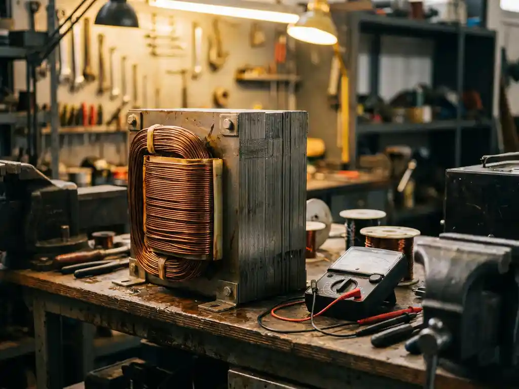Industriële transformator met koperen wikkelingen en gelamineerde ijzerkern op werkbank, naast een multimeter met meetkabels.
