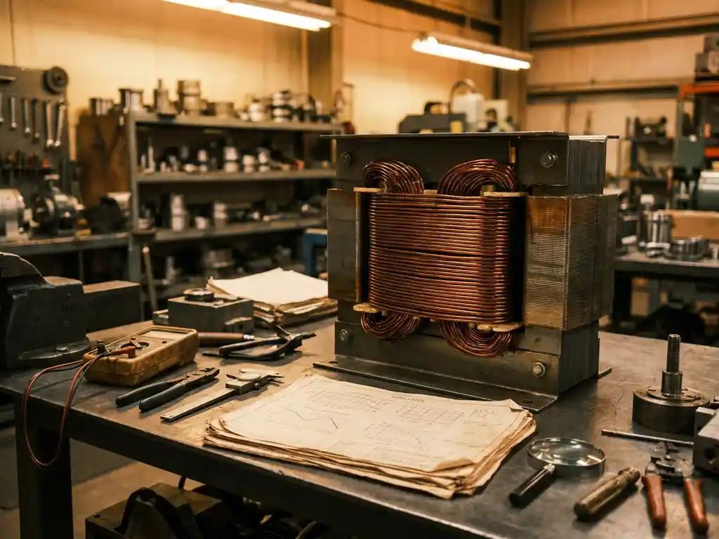 Handgewikkelde transformator op stalen werkbank met koperen spoelwikkelingen, meetgereedschap en belastingsdiagrammen in industriële werkplaats.