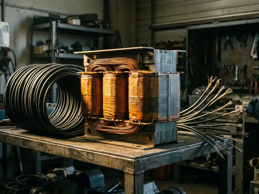 Industriële transformator met koperen wikkelingen en gelamineerde ijzerkern, geflankeerd door inductief en capacitief gerangschikte kabels op stalen werkbank.