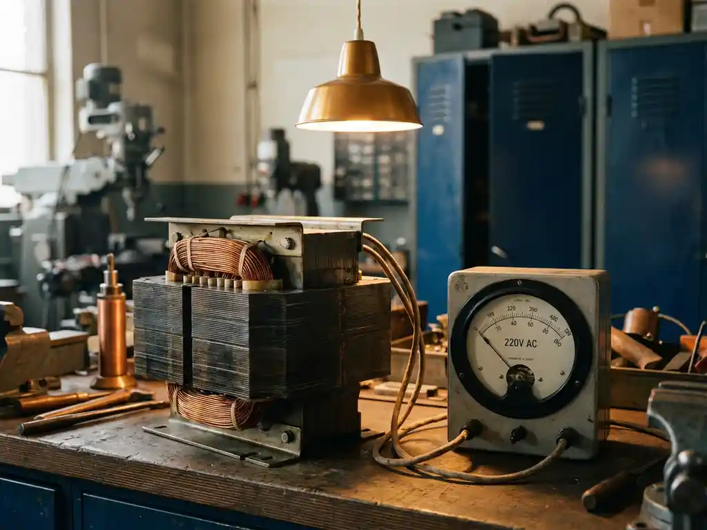 Industriële transformator met koperen wikkelingen en gelamineerde stalen kern op werkbank, naast gekalibreerde analoge vermogensmeter.
