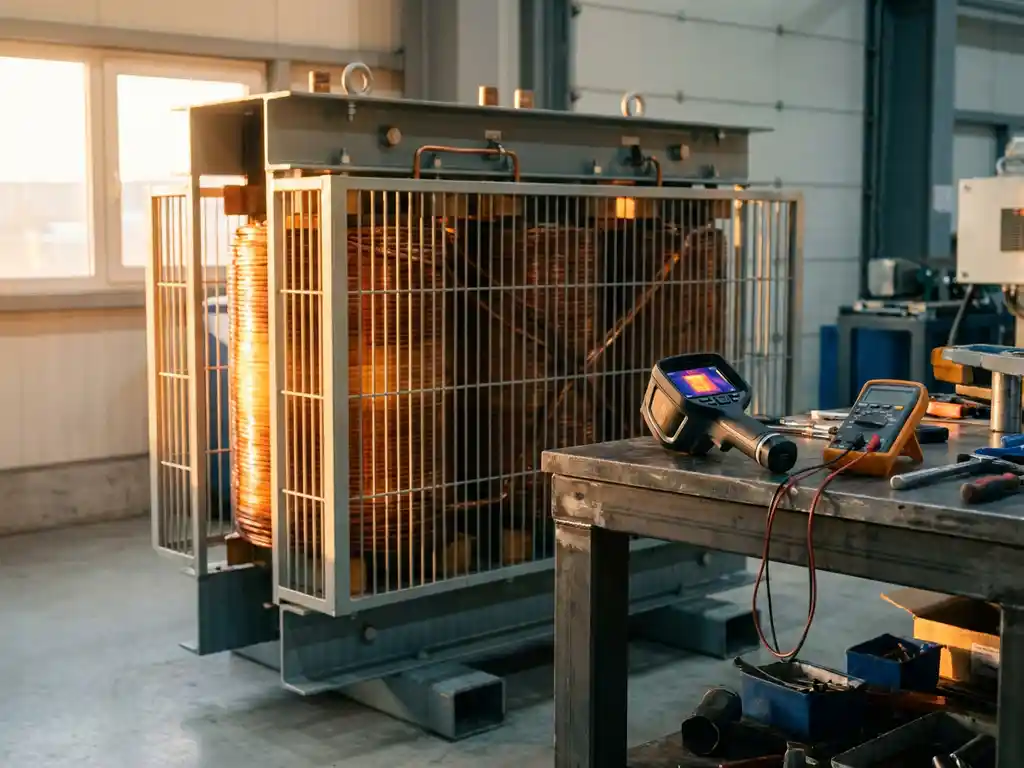 Industriële transformator met koperen wikkelingen die warmte uitstralen, thermische camera op stalen werkbank in productiehal.