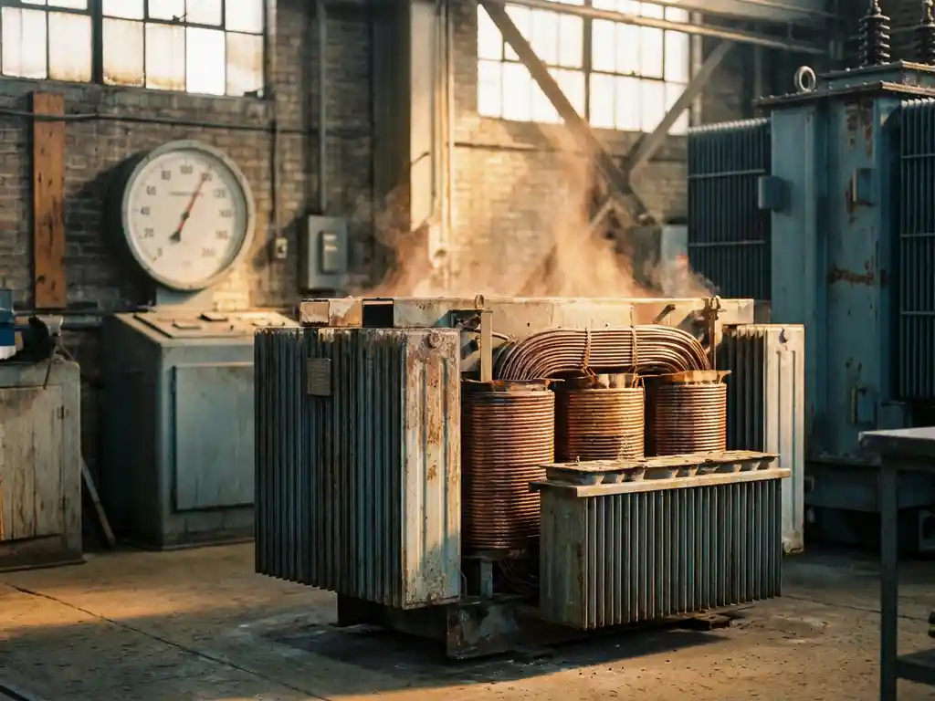 Industriële transformator op werkplaatsvloer met hittegolven boven koperen wikkelingen en wandthermometer op de achtergrond.