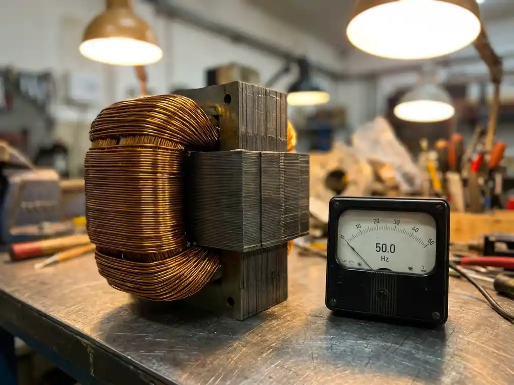 Koperwikkeling transformatorkern met gelamineerde staallagen op metalen werkbank, precisiefrequentiemeter ernaast, warme industriële belichting.