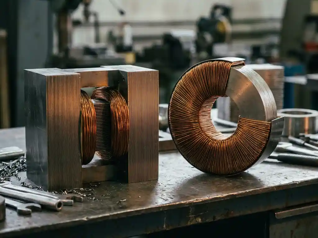 E-I en toroïdale transformatorkern op stalen werkbank, gelamineerd siliciumstaal en koperen wikkelingen in warm amberkleurig licht.