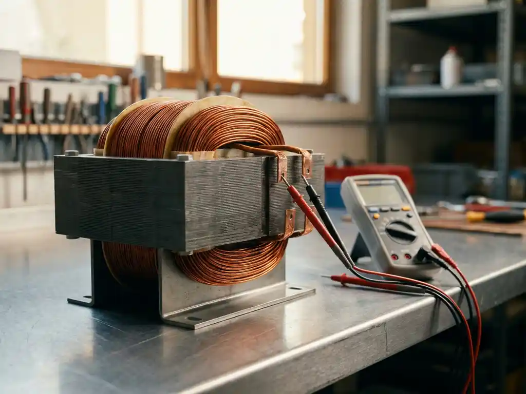 Industriële transformatorkern met koperen spoelen op stalen werkbank, verlicht door warm amberkleurig licht, met precisie-multimeter op koperen aansluitingen.
