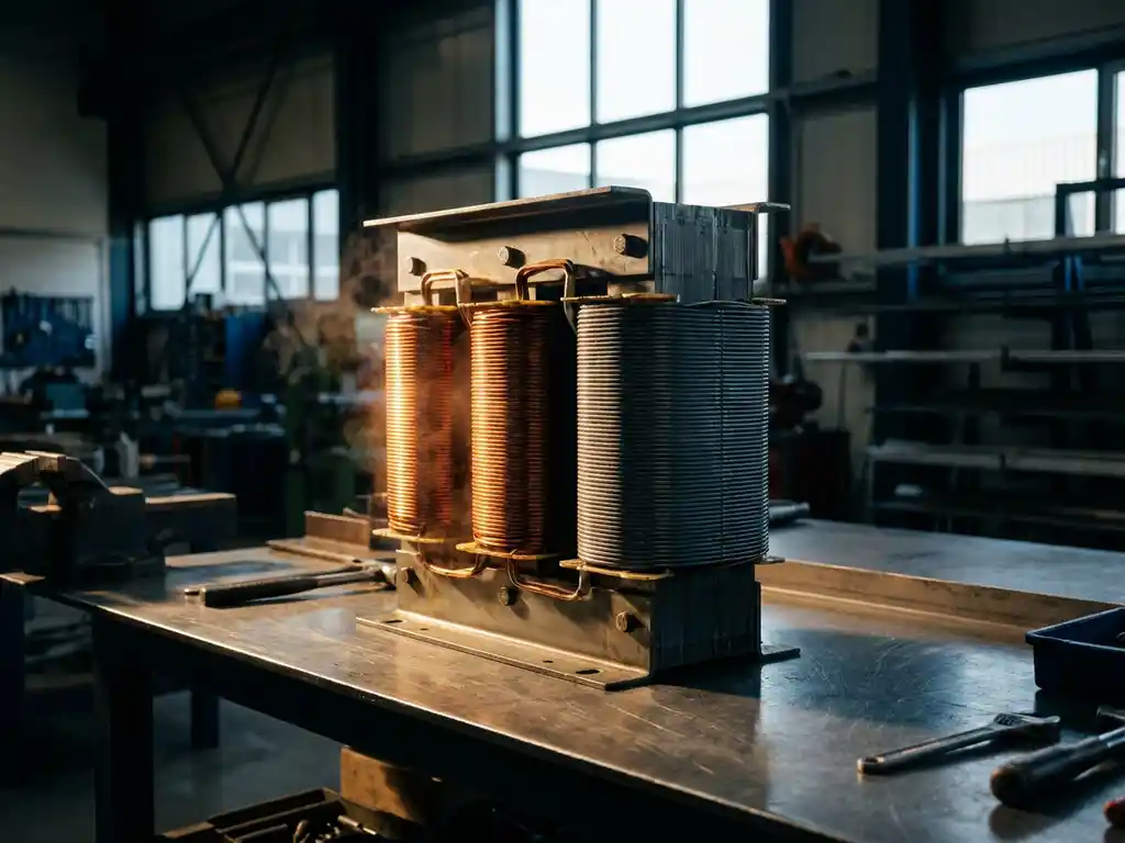Industriële transformatorkern met koperen wikkelingen, één zijde oplichtend onder belastingsstroom, gefotografeerd in Nederlandse productiefaciliteit.