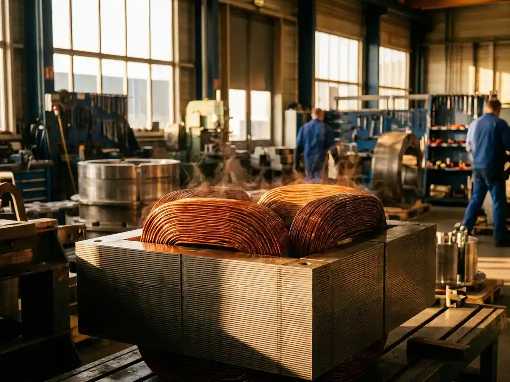 Industriële transformatorkern met dichte koperen wikkelingen en hittedistorsie, dramatisch zijlicht in een Nederlandse productieworkshop.