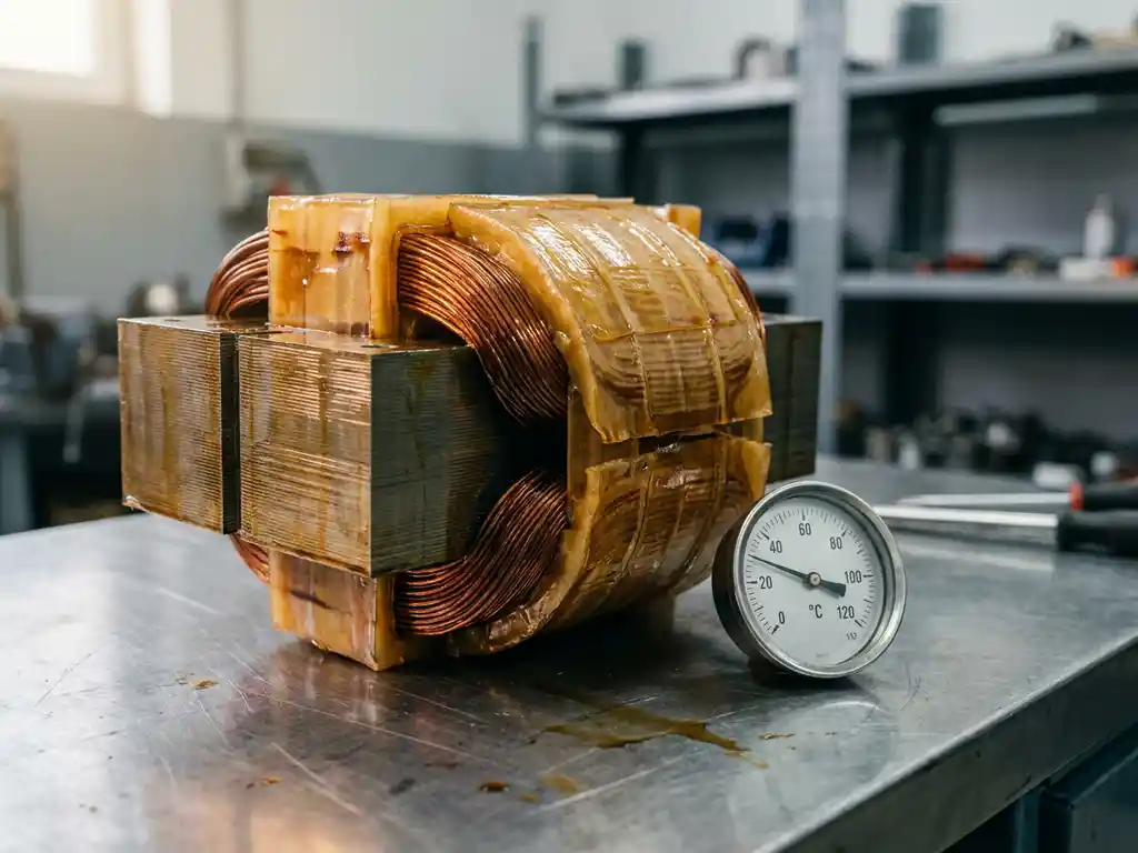 Doorgesneden transformatorkern op stalen werkbank met koperen wikkelingen in barnsteenkleurige vernisisolatie en een temperatuurmeter ernaast.
