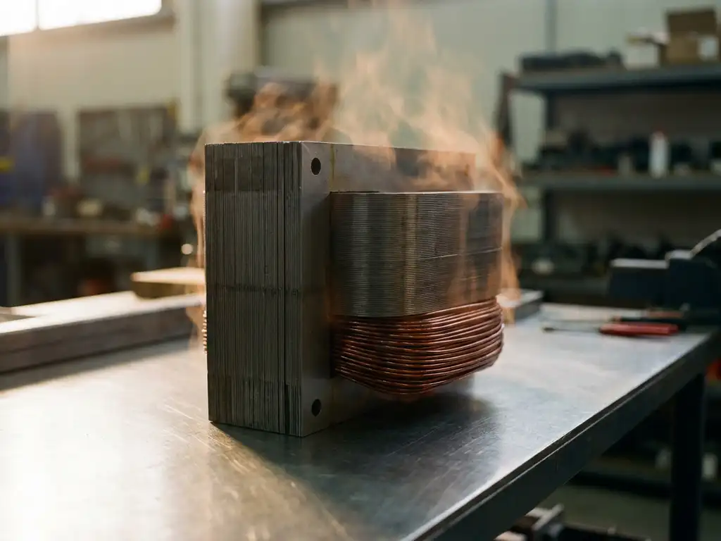 Gelamineerde siliciumstalen transformatorkern op metalen werkbank met koperen spoelen en zichtbare warmtedissipatie.