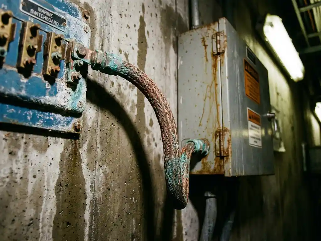 Dikke koperen aardingskabel tussen verweerd marien schakelboard met zoutkorrositie en industriële walstroomkast op vochtige betonnen muur.