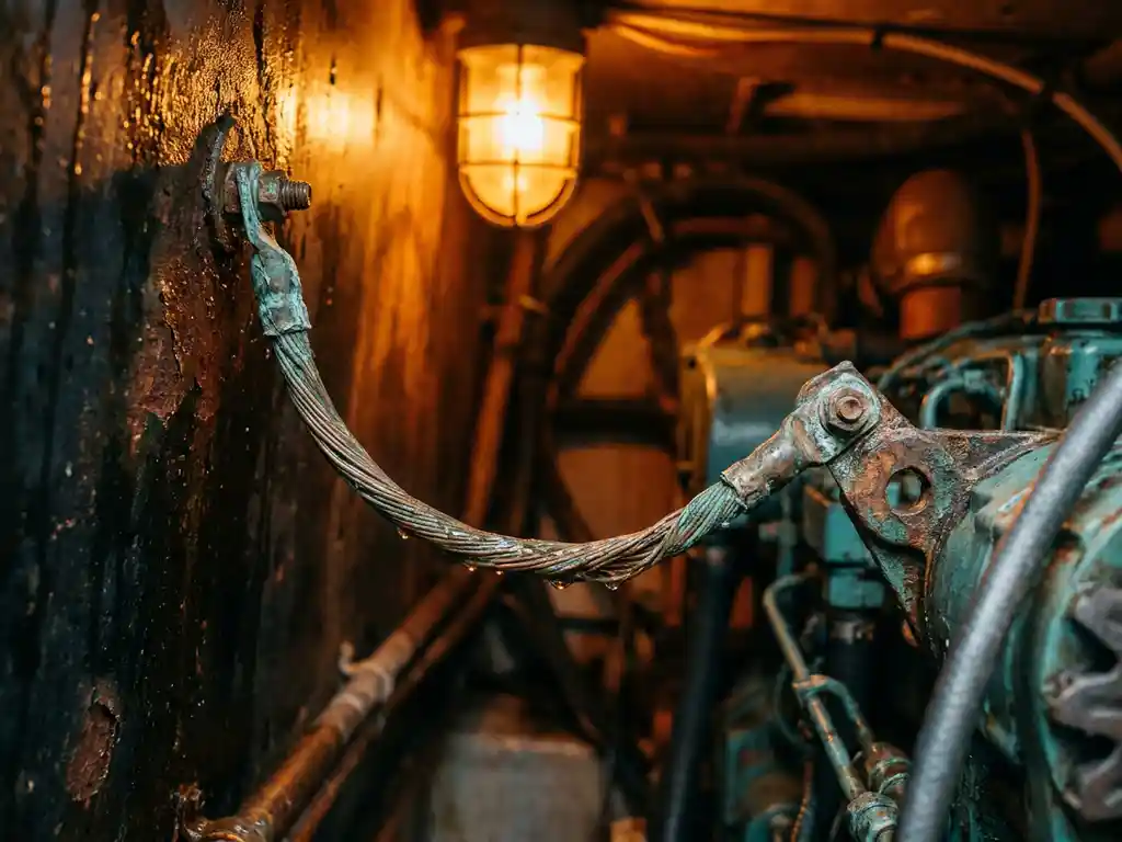 Gecorrodeerde koperen aardingskabel losjes bevestigd aan een natte metalen scheepsromp, geoxideerde klemmen met zeewater in het motorruim.
