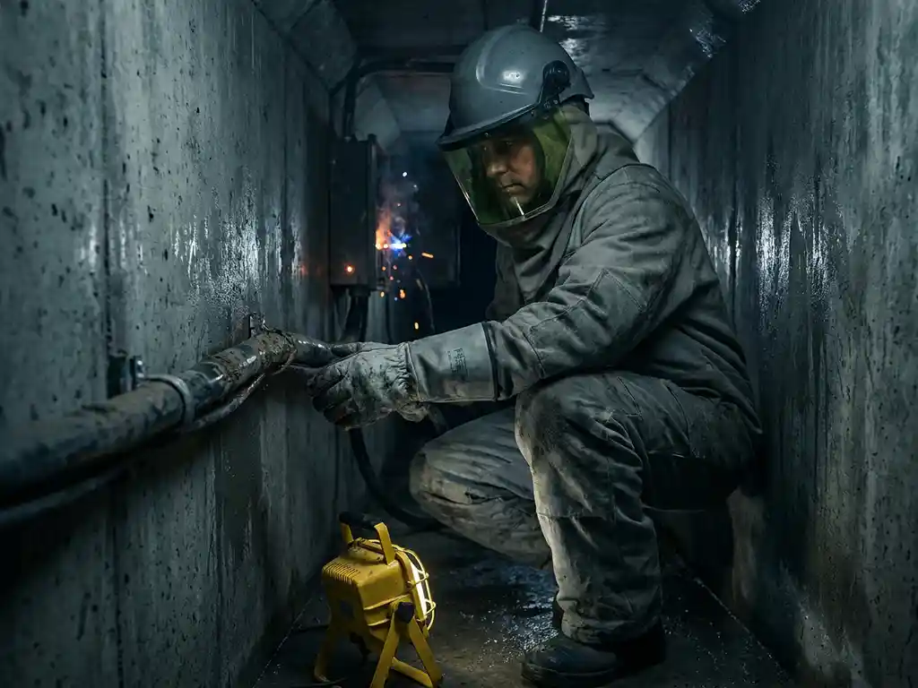 Elektromonteur in beschermende uitrusting gehurkt in nauwe betonnen tunnel met hoogspanningskabel en waarschuwingsvonken.