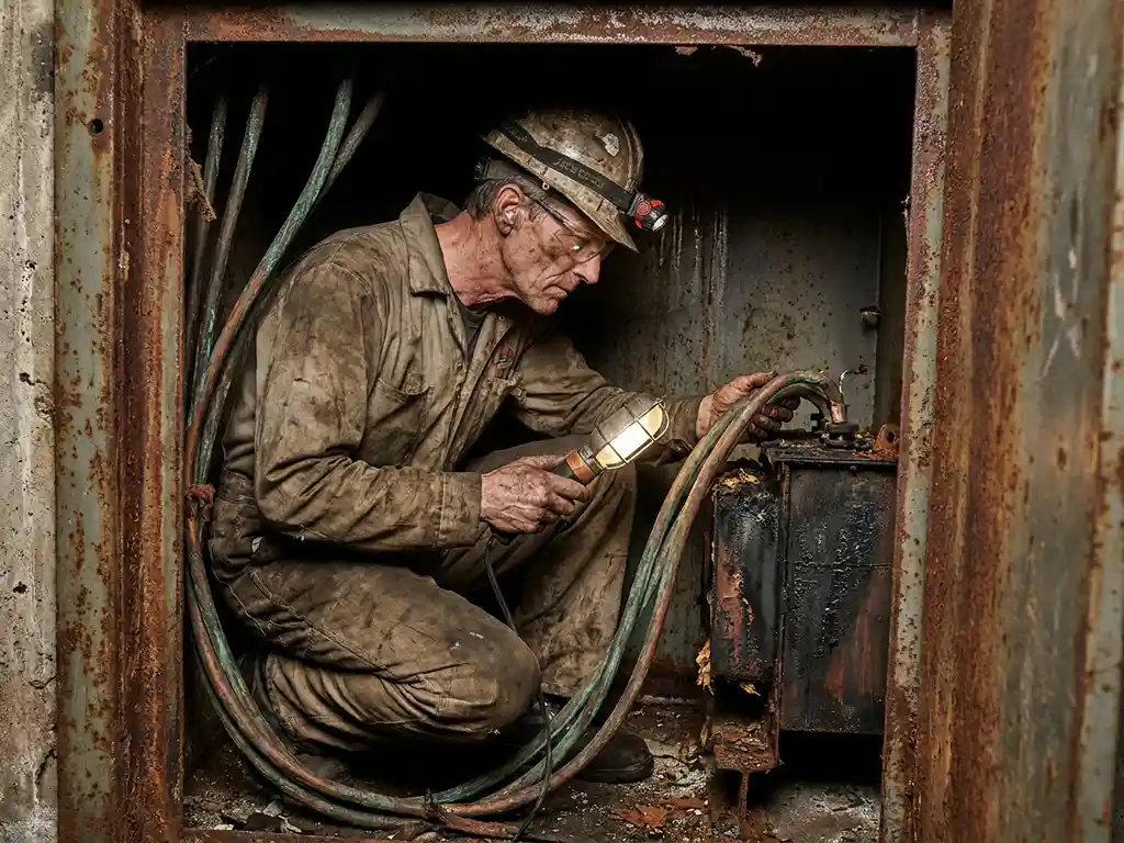 Elektrotechnicus inspecteert gecorrodeerde koperen bedrading en verschroeide transformator in benauwd industriële ruimte met inspectielamp.