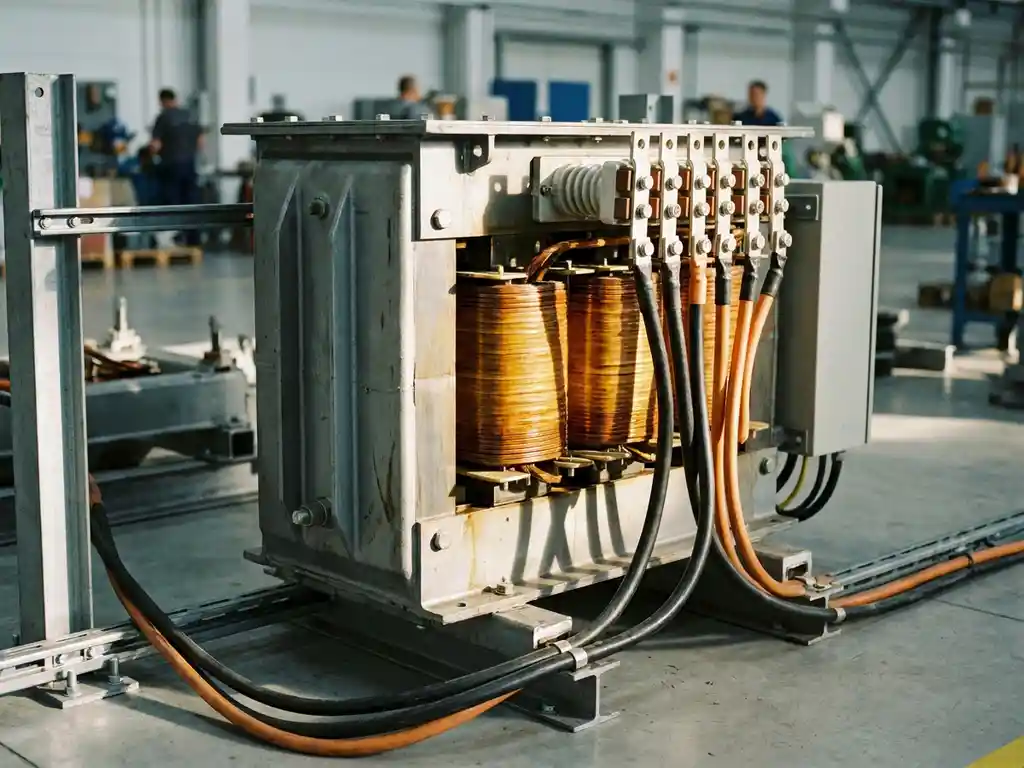 Industriële isolatietransformator met zware koperen wikkelingen en aansluitblokken in een productiefaciliteit, verlicht met dramatisch zijlicht.