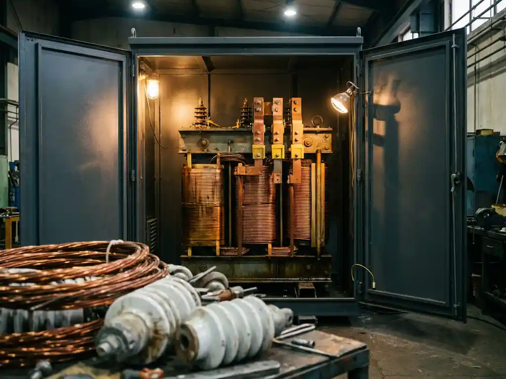 Industriële transformator met dikke koperen wikkelingen en klemmenblokken in open schakelkast, verlicht door warm werklicht.