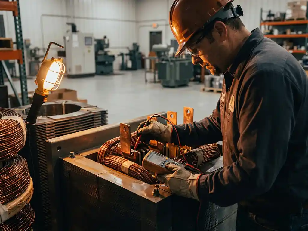 Gecertificeerde elektrotechnisch inspecteur test industriële transformator met meetprobe op koperen wikkelingsterminals.