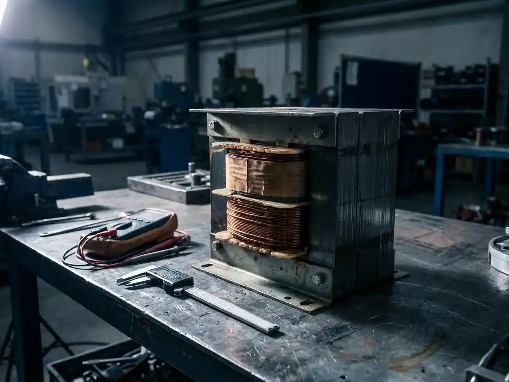 Industriële isolatietransformator op stalen werkbank met zichtbare koperen wikkelingen en gelamineerde kern, omringd door meetinstrumenten.