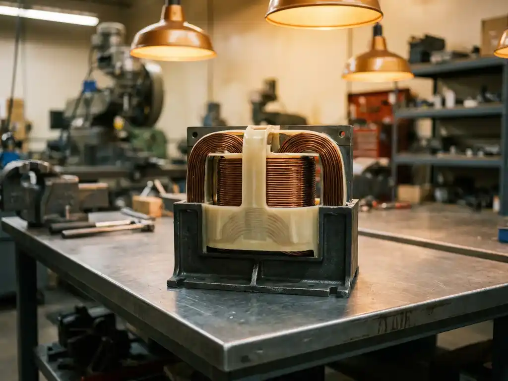Isolatietransformator met zichtbare koperen wikkelingen en twee harsgescheiden spoelkamers op een stalen werkbank.