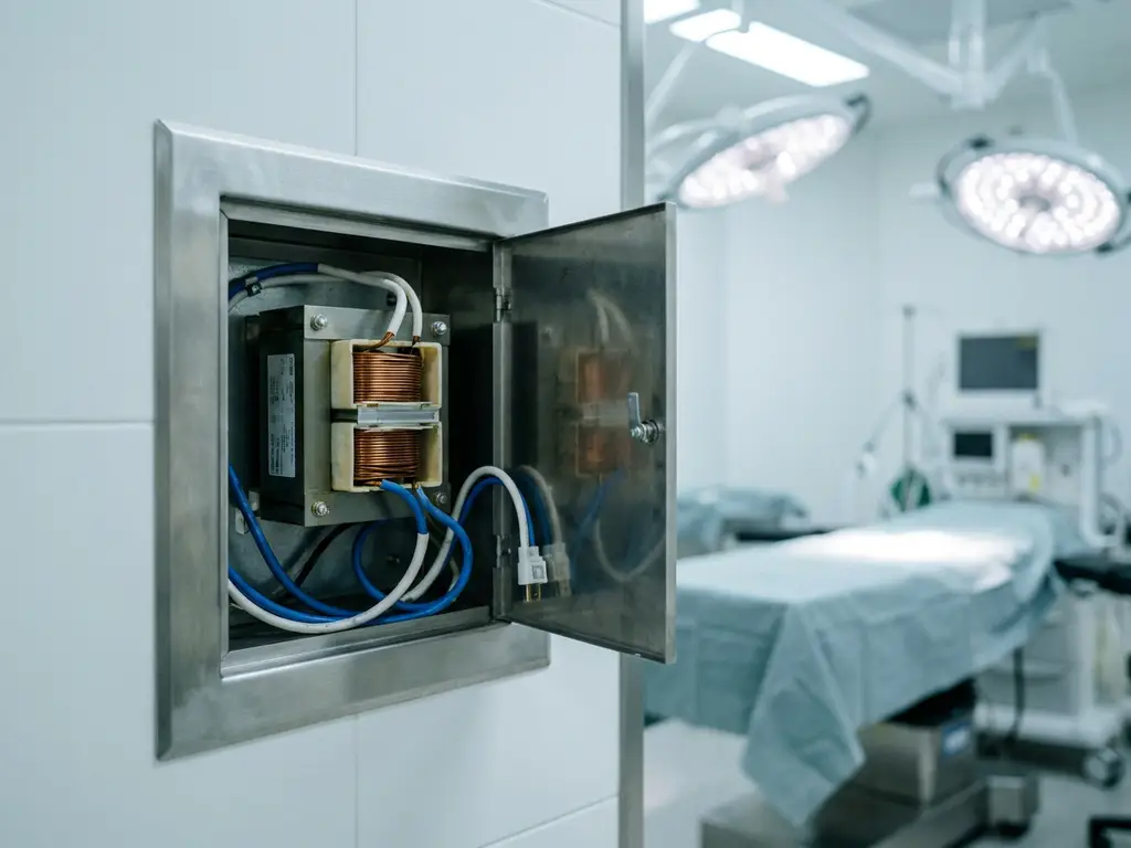 Medische isolatietransformator in roestvrijstalen paneel, gemonteerd in witte operatiekamerwand onder chirurgische verlichting.