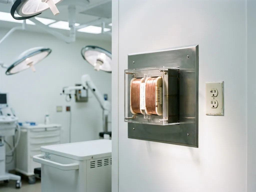 Medisch isolatietransformator in klinisch wandpaneel met zichtbare koperen wikkelingen, naast standaard stopcontact in witte ziekenhuisomgeving.