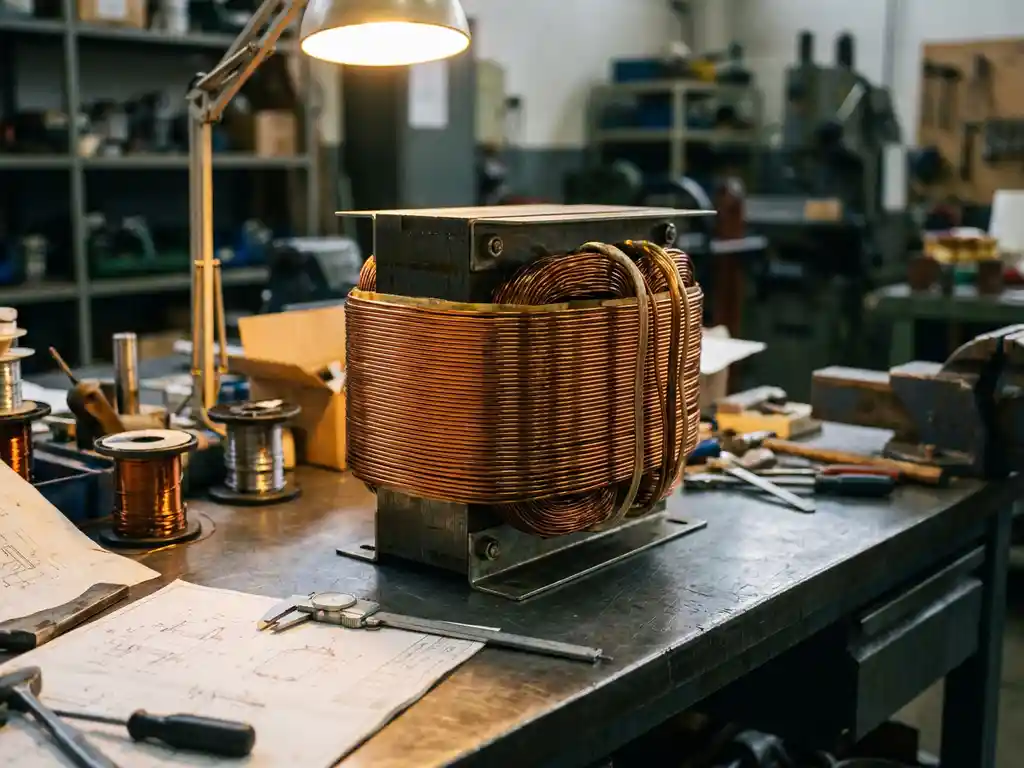 Op maat gewikkelde transformatorkern met koperen wikkelingen op stalen werkbank, met schuifmaat en technische tekeningen.