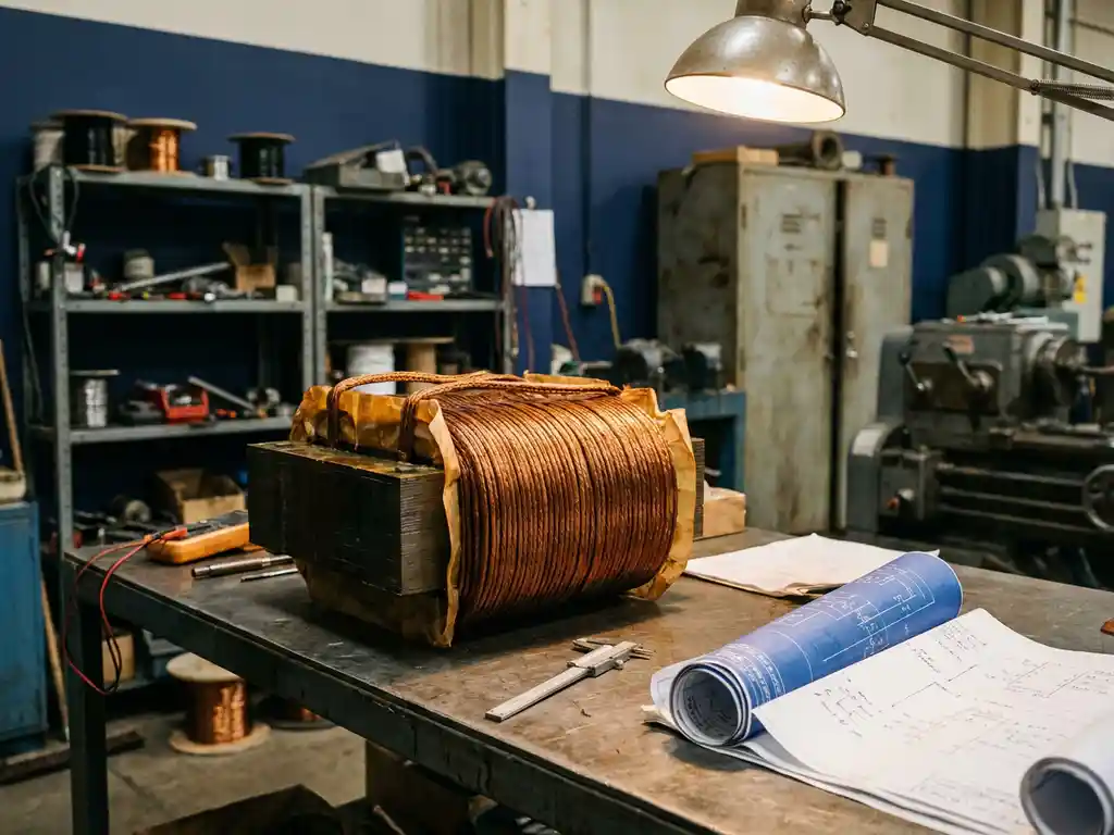 Op maat gewikkelde transformator met dikke koperen spoelen op een stalen werkbank, omgeven door meetinstrumenten en elektrische schema's.