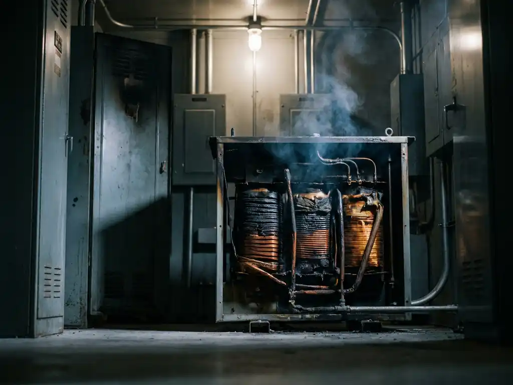 Industriële transformator met verbrande, zwartgeblakerde wikkelisolatie in een donkere fabriekspanelruimte, lichte rookpluimen stijgen op.