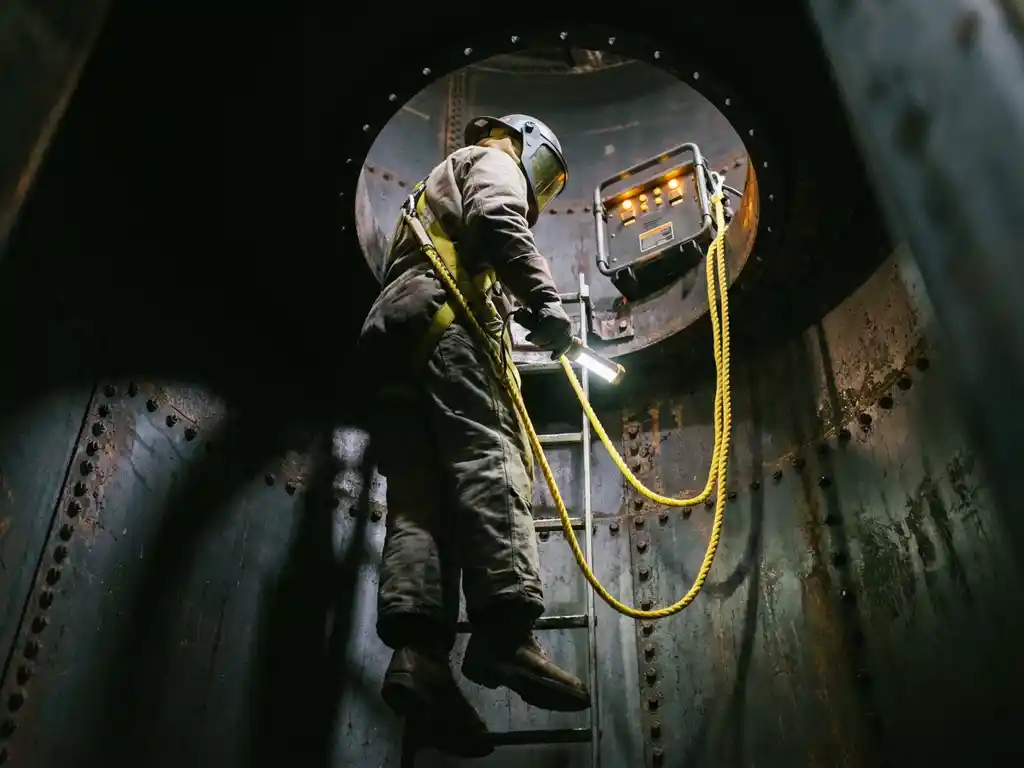 Elektricien in veiligheidspak daalt af in industriële tank met gele veiligheidsrope en draagbare isolatietransformator op de rand.