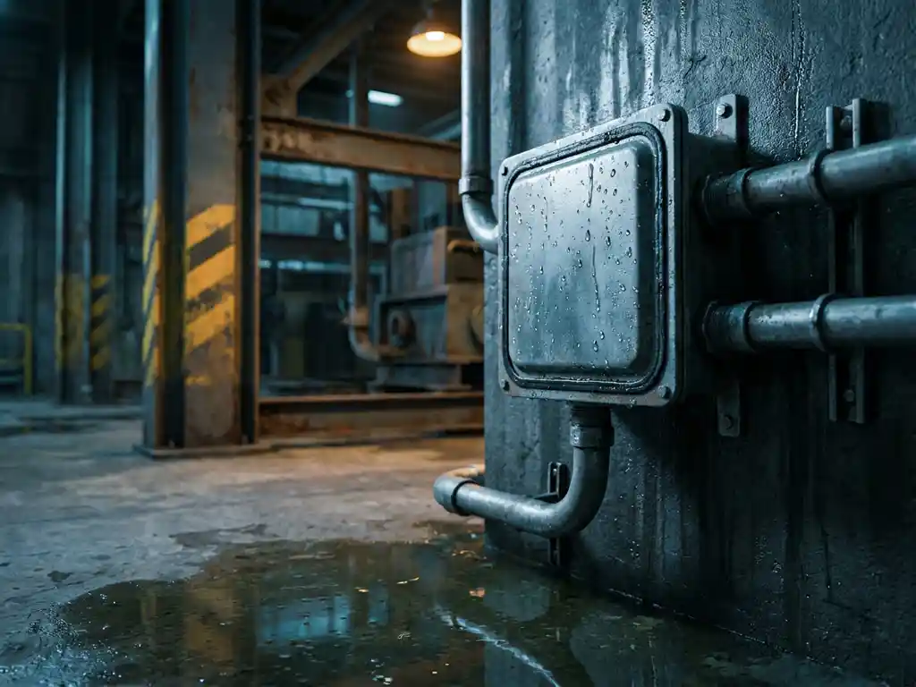 Weerbestendige elektrische behuizing op vochtige betonnen muur in industriële ruimte, met zware conduit en waterdruppels.