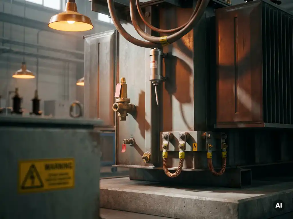 Industriële transformator met thermische zekering, overdrukventiel en aardingsklemmen in een fabriekomgeving.