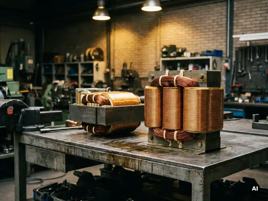 Twee industriële transformatoren op een stalen werkbank, met zichtbare koperen wikkelingen en gelamineerde ijzerkern in Nederlandse productieomgeving.