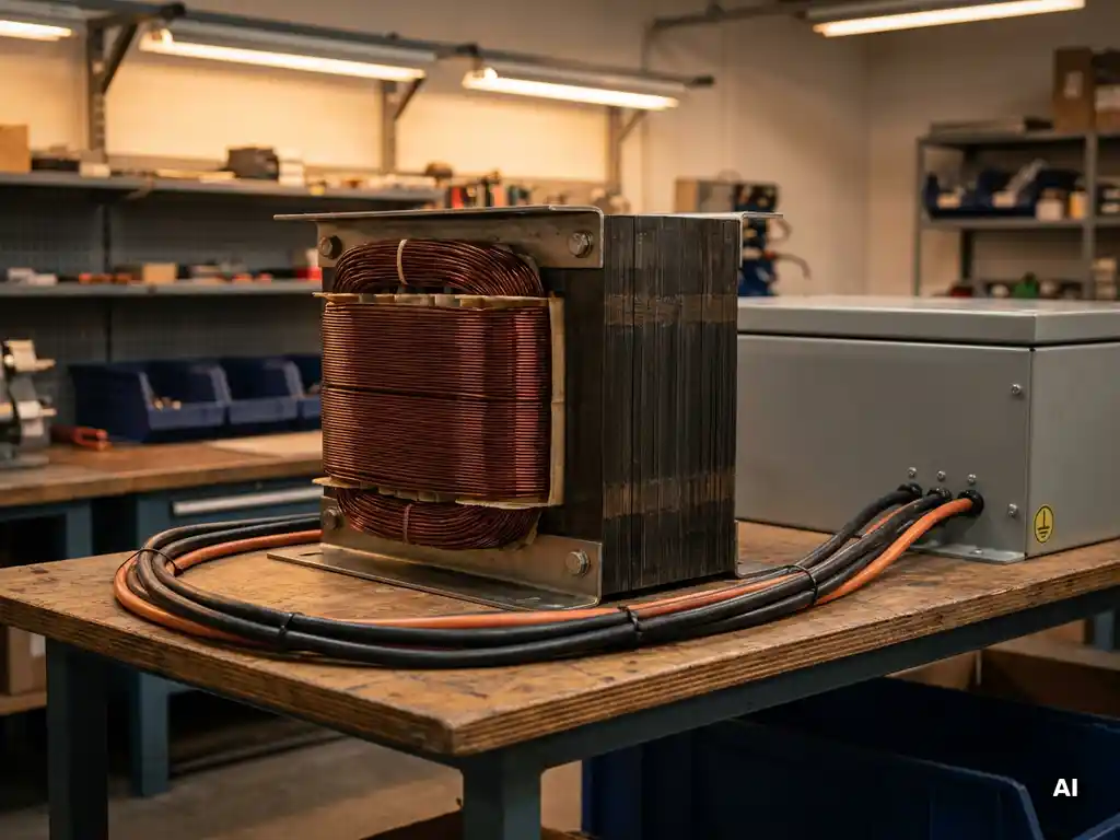 Isolatietransformator met koperen wikkelingen en gelamineerde stalen kern op industriële werkbank, elektrische kabels netjes weggeleid.